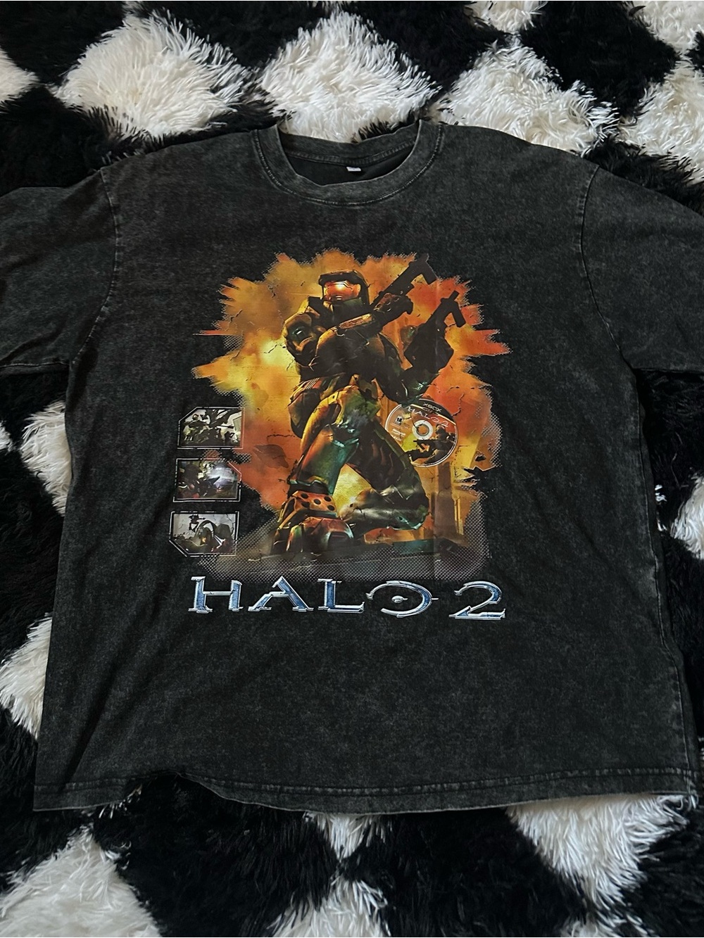 Halo Long Sleeve Graphic Tee in Black with Orange and Green Art